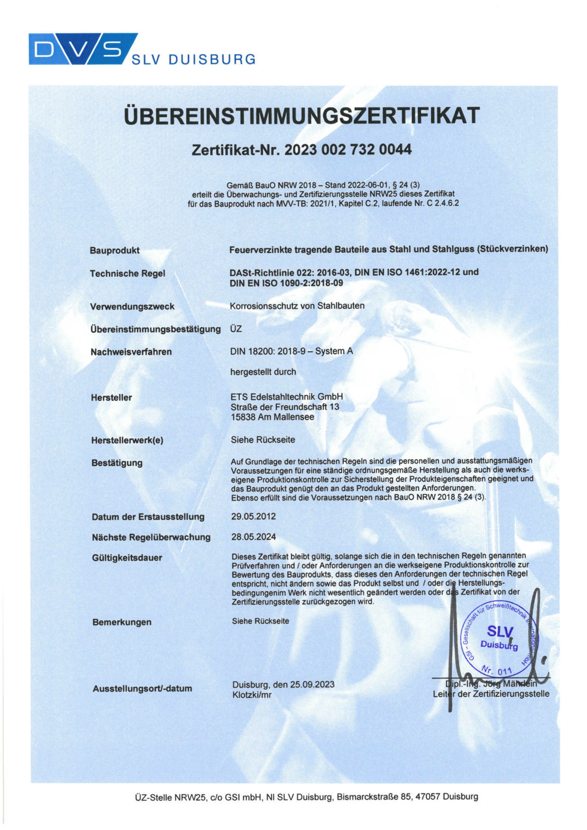 Zertifikat nach DAST 022